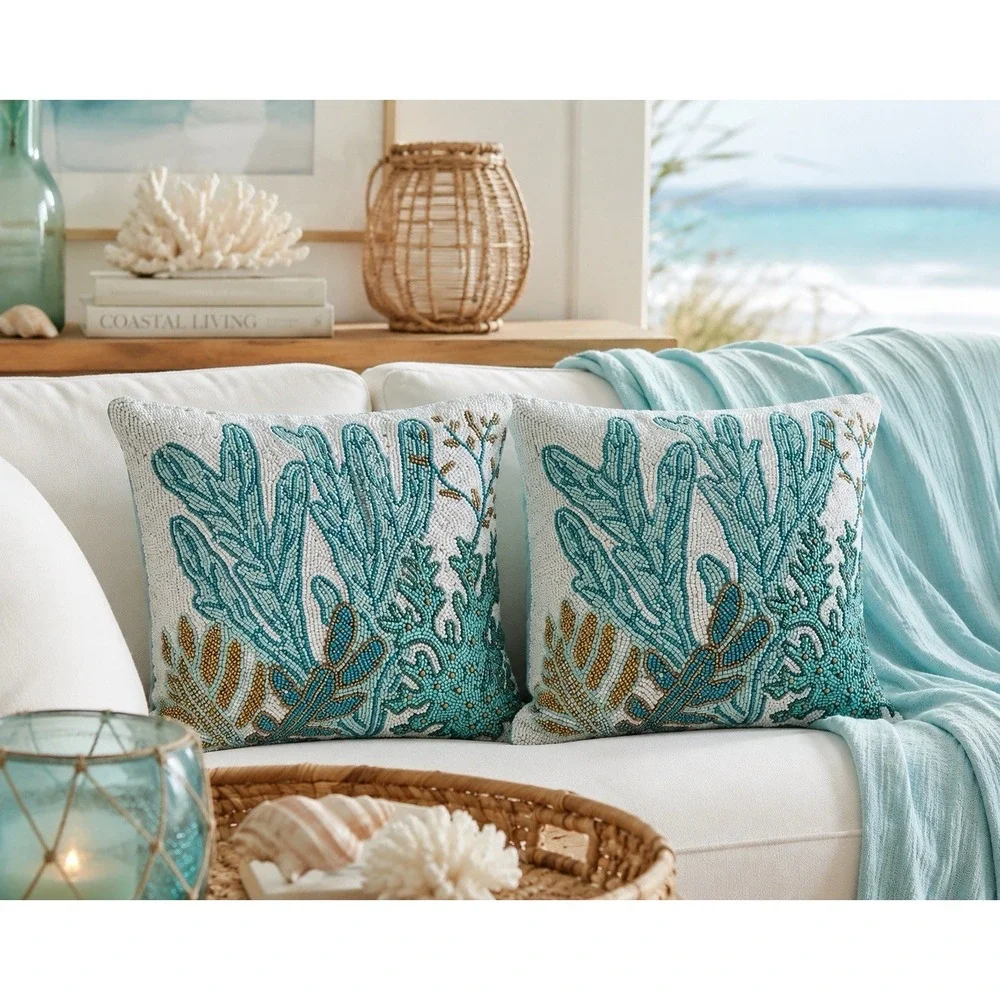 Two Coastal Coral Beaded Jeweled Throw Pillows Pair 12x12 Blue Green Pier 1